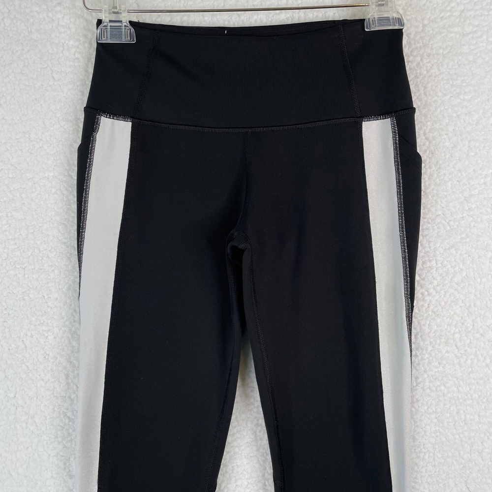 Victoria Sport Knockout High Rise Leggings Black Silver Stripe Pockets Small